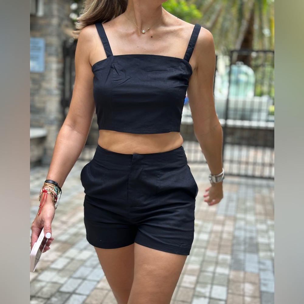 Two-Piece Black Rayon Set – Top & Shorts – Size M
